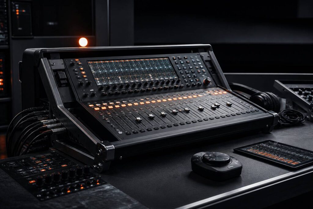Table de mixage numérique dans un rack avec faders rétroéclairés