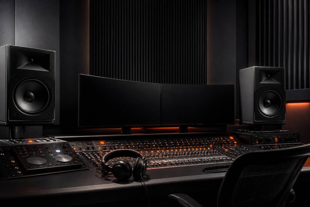 Deux enceintes de monitoring génériques dans un studio sombre