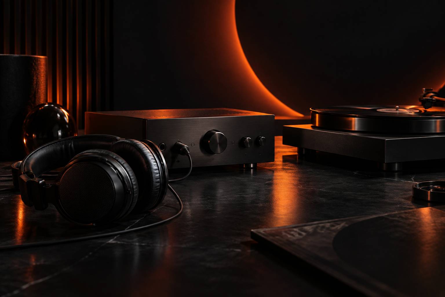 Amplificateur casque avec boutons rotatifs près d'une platine en studio