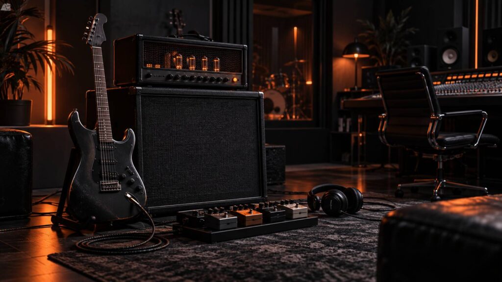 Amplificateur à lampes de guitare dans un studio sombre et premium