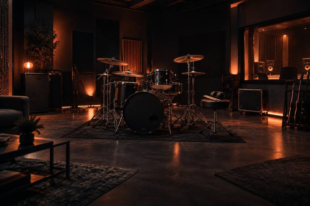 Batterie acoustique montee sur un tapis dans un studio