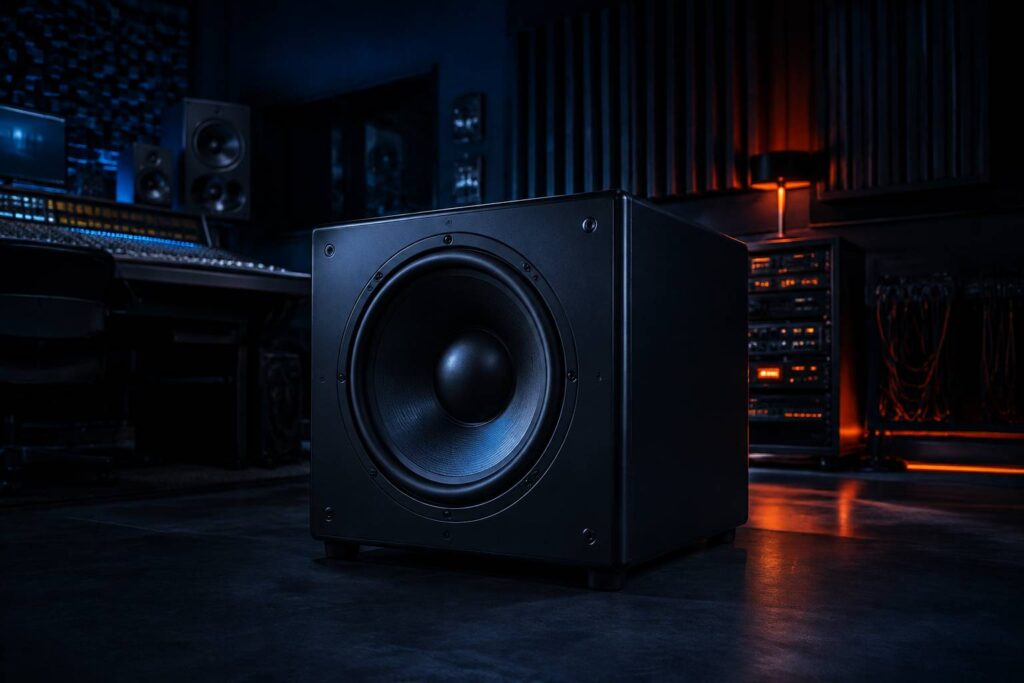 Caisson de basses au haut-parleur visible dans un studio d'écoute sombre