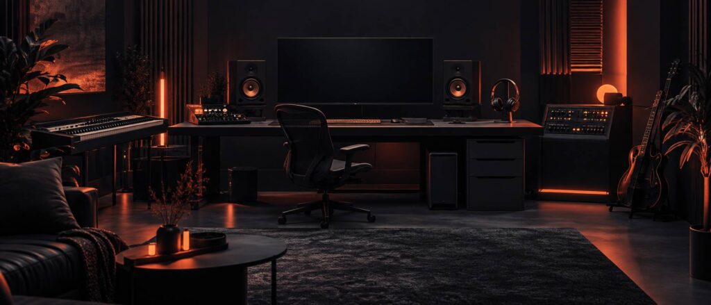 Ordinateur fixe generique dans un studio de musique sobre avec clavier maitre