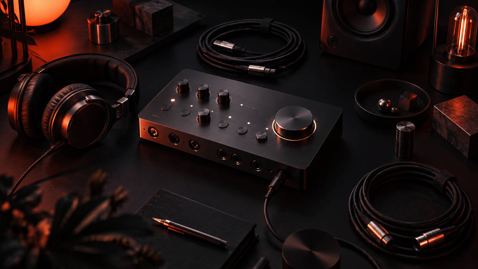 Carte son externe generique et cables audio sur un bureau de studio