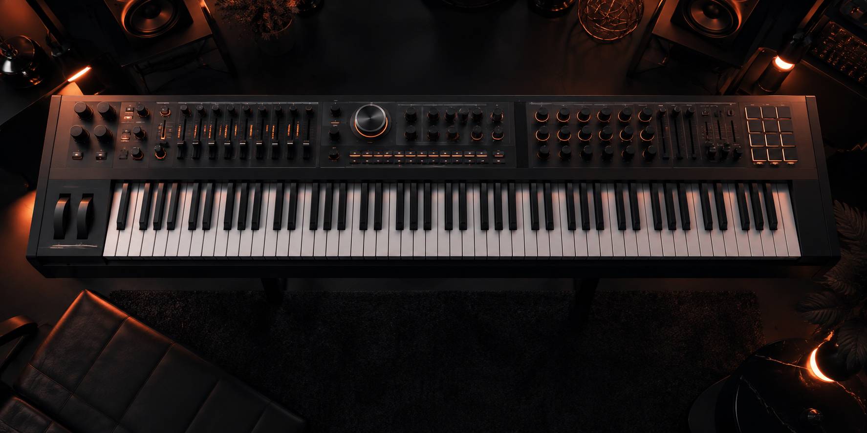 Vue en plongee des tirettes et potentiometres d'un clavier de scene