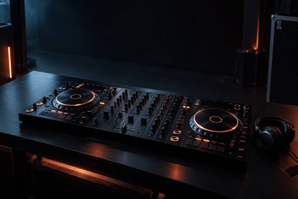 Console de mixage DJ quatre voies avec jog-wheels sur une table noire