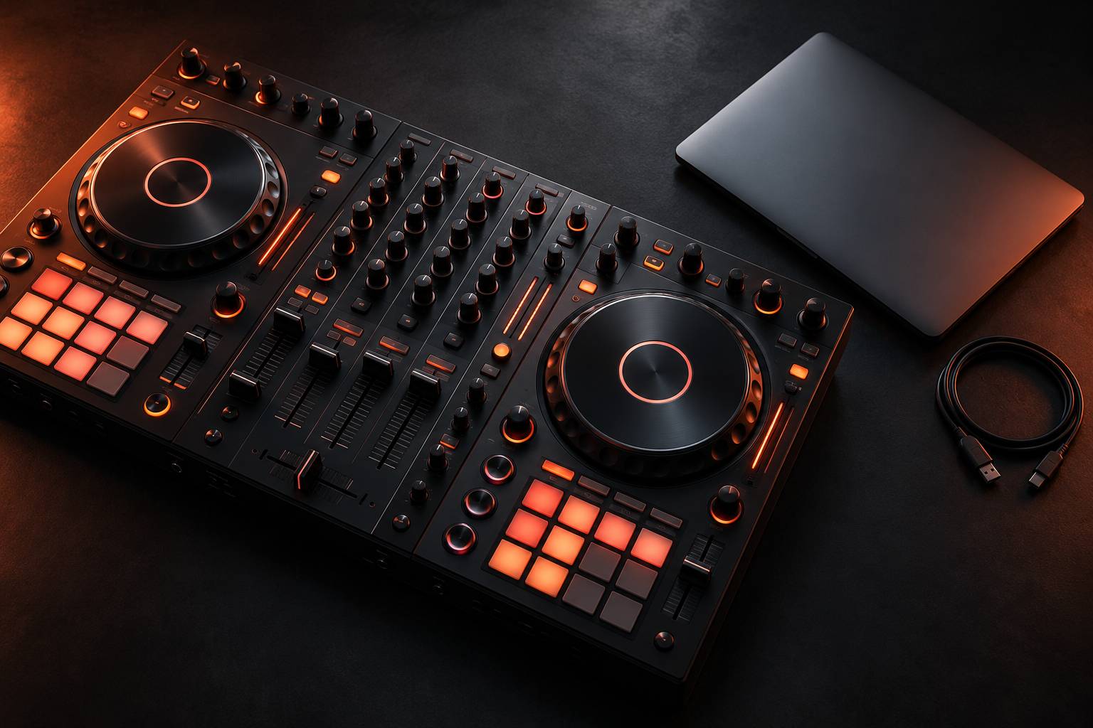 Console de DJ vue de dessus avec faders et pads caoutchouc