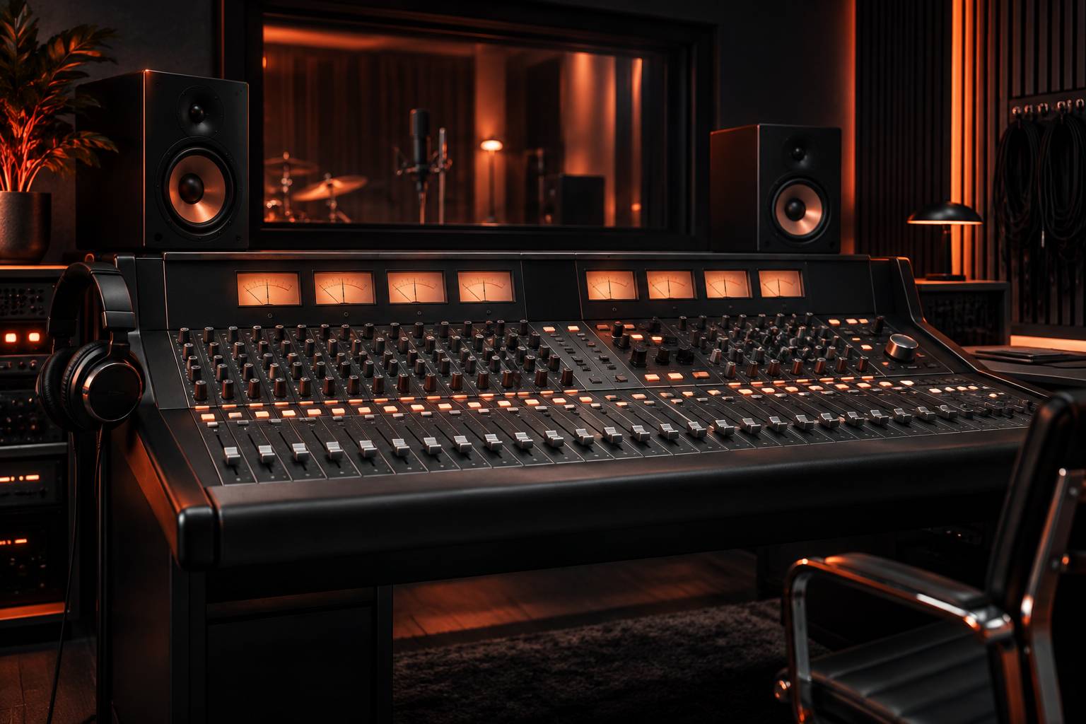 Faders et vu-mètres analogiques d'une console de studio de mixage