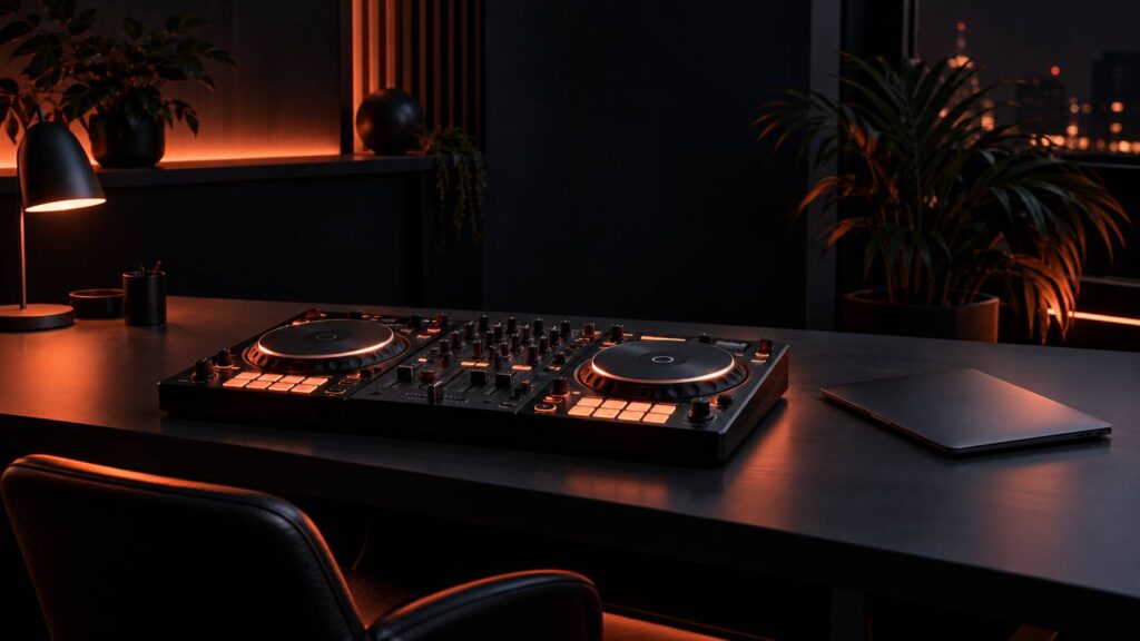 Controleur DJ a deux voies pose sur un bureau-studio sombre