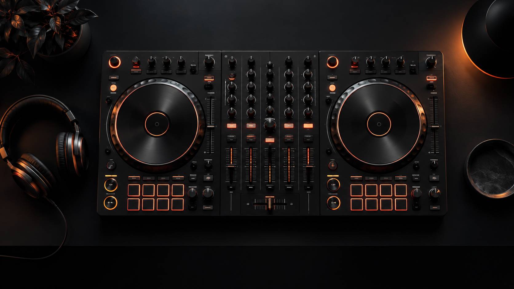 Controleur DJ vu de dessus avec platines, faders et pads lumineux