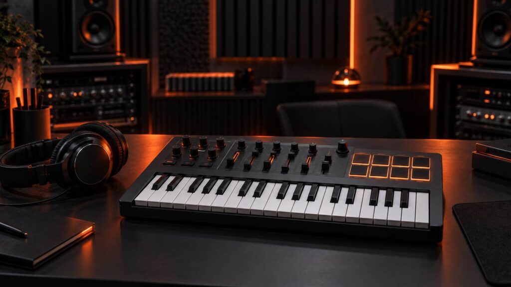 Contrôleur MIDI compact sur un bureau de studio sombre avec casque et éclairage orange