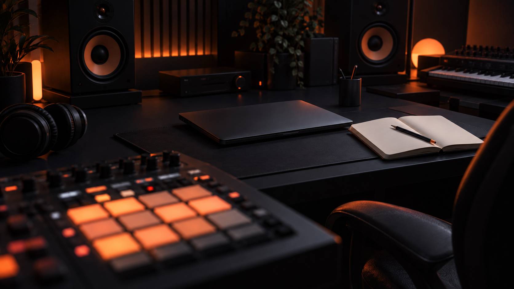 Home studio avec contrôleur à pads, enceintes et ordinateur fermé