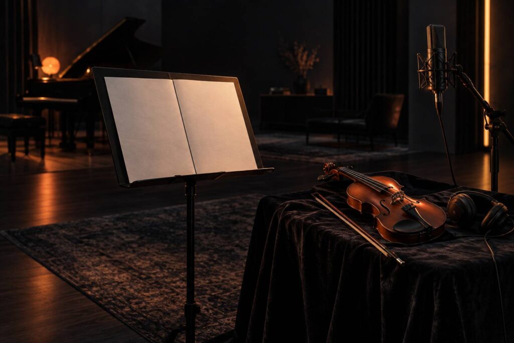 Violon et archet poses sur un velours dans un home-studio sombre