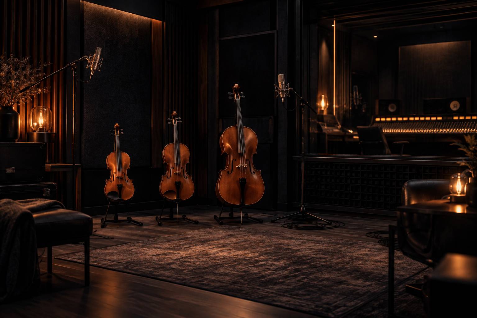Violon, alto et violoncelle alignes devant deux micros en cabine