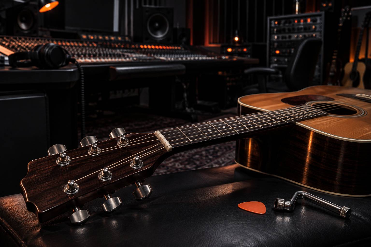 Détail des cordes et chevilles d'une guitare folk générique avec médiator