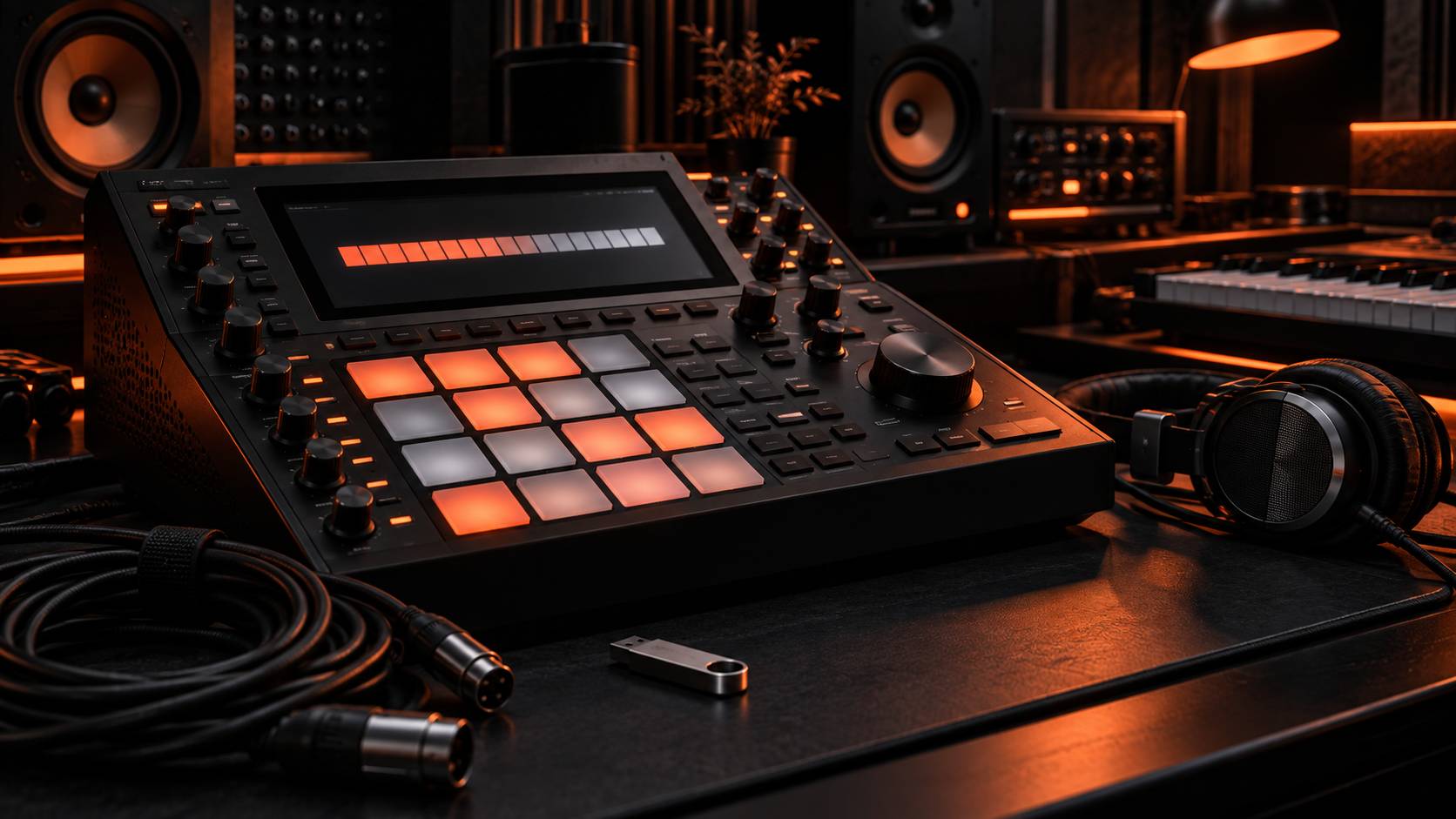 Écran de machine musicale et pads dans un studio de production