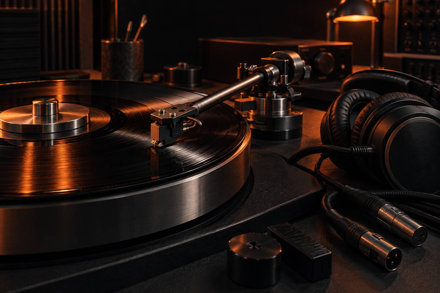 Platine vinyle et casque posés dans un studio de musique