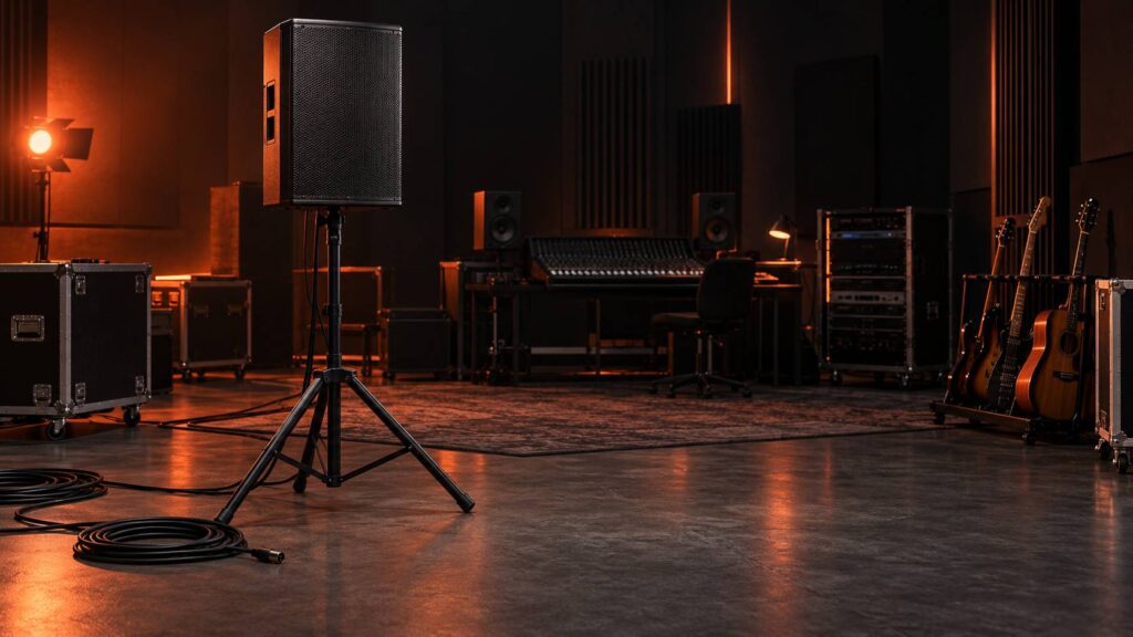 Enceinte active generique sur pied dans un studio de sonorisation range