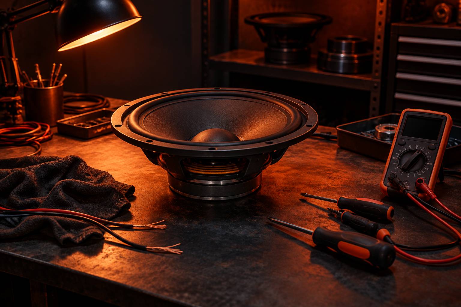 Haut-parleur generique et outillage sur un etabli d'atelier audio