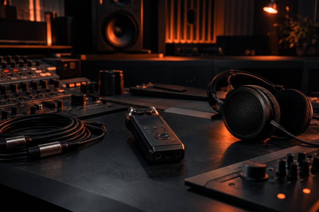 Enregistreur audio portable pose sur une console de studio sombre avec casque