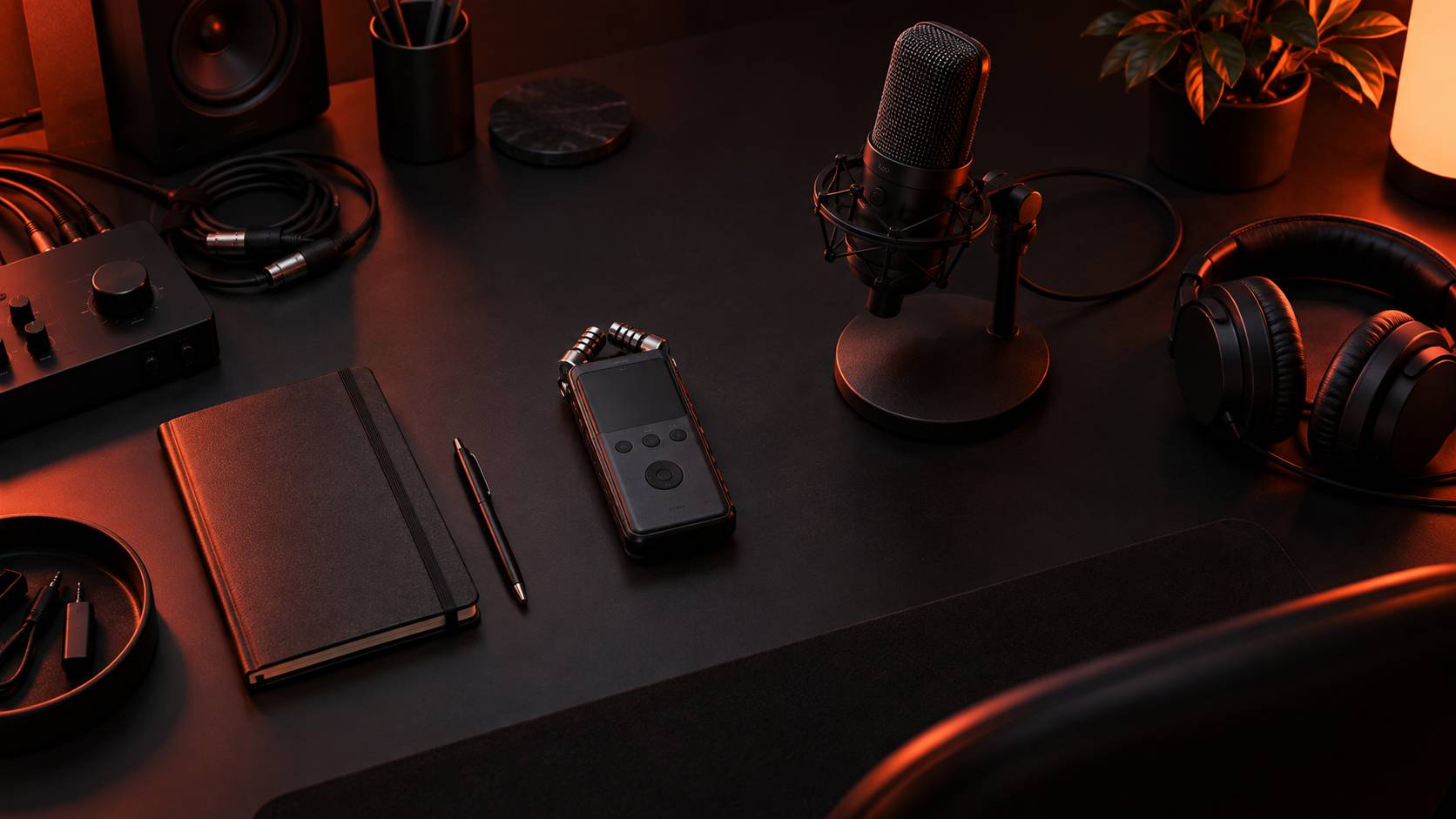 Materiel d'enregistrement audio et micro sur un bureau de home-studio sombre