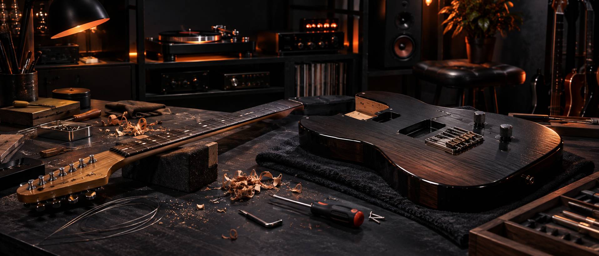 Guitare electrique generique posee sur un support dans un atelier de lutherie