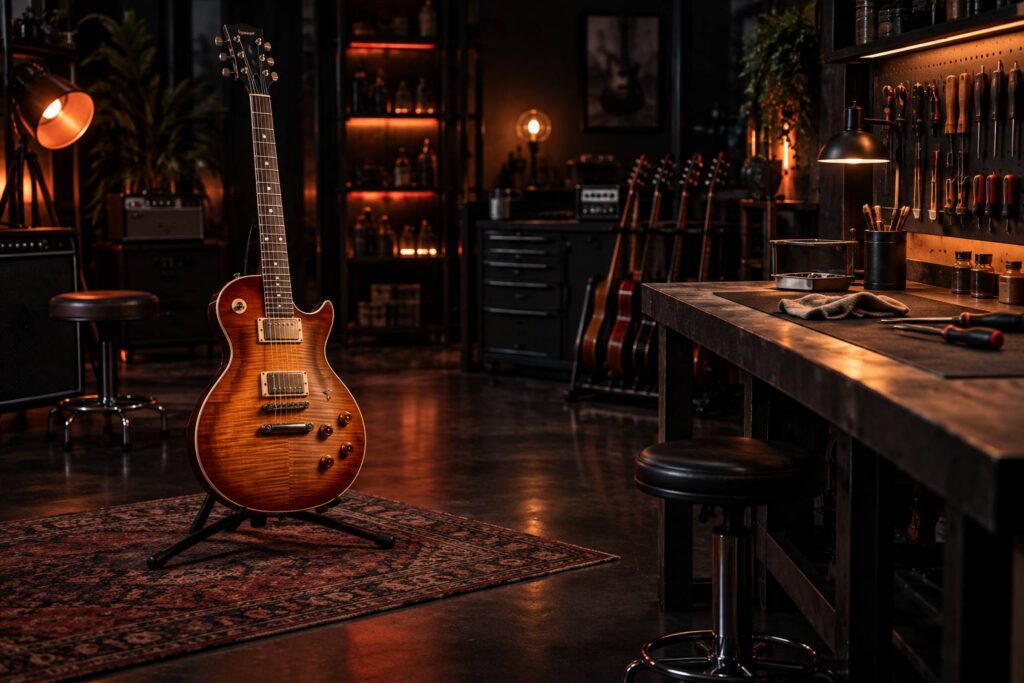 Guitare electrique generique posee sur un support dans un atelier de lutherie
