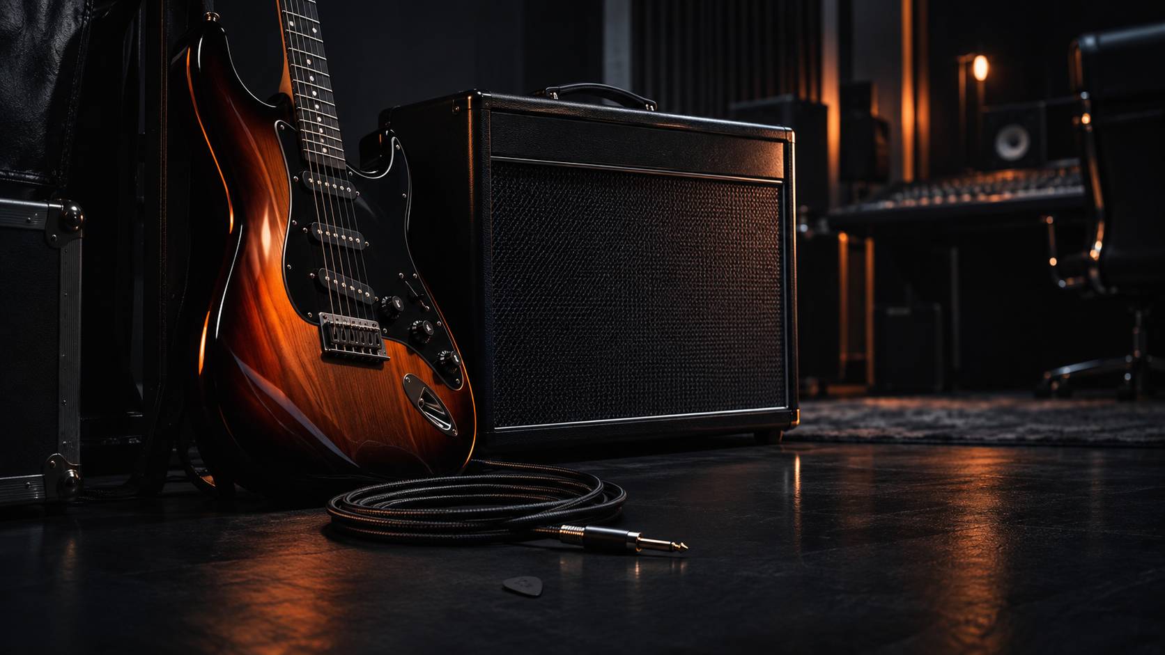 Gros plan sur une guitare électrique et un amplificateur dans une pénombre de studio