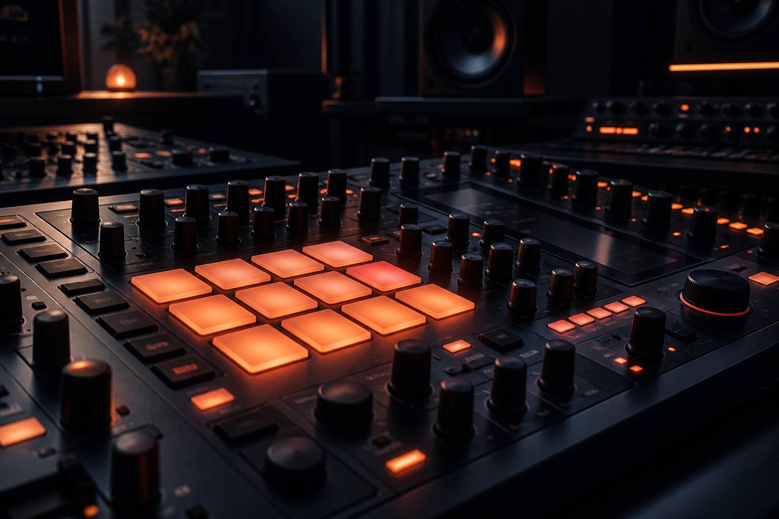 Gros plan sur les pads et potentiomètres d'un contrôleur MIDI en studio sombre