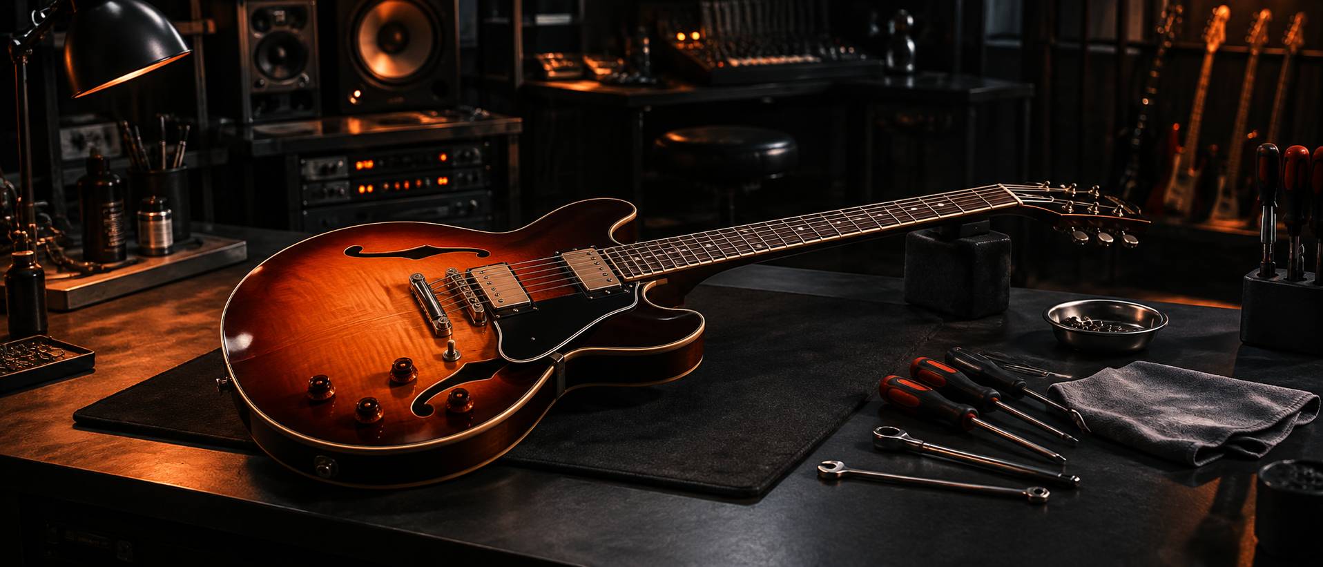 Caisse de guitare électrique sur un établi d'atelier avec outils de réglage