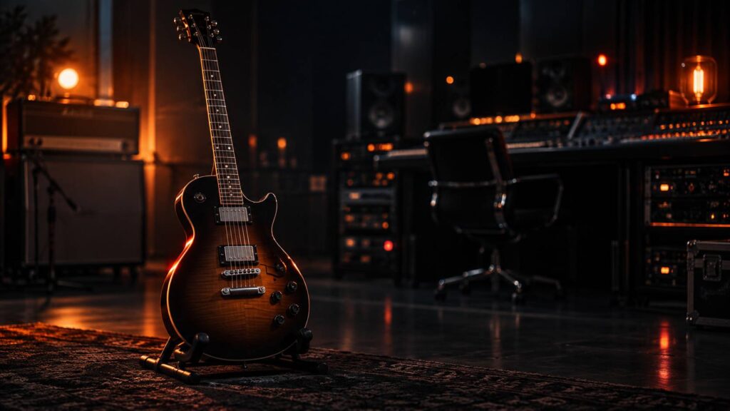 Guitare électrique de forme simple découpe dans un studio sombre éclairé en orange