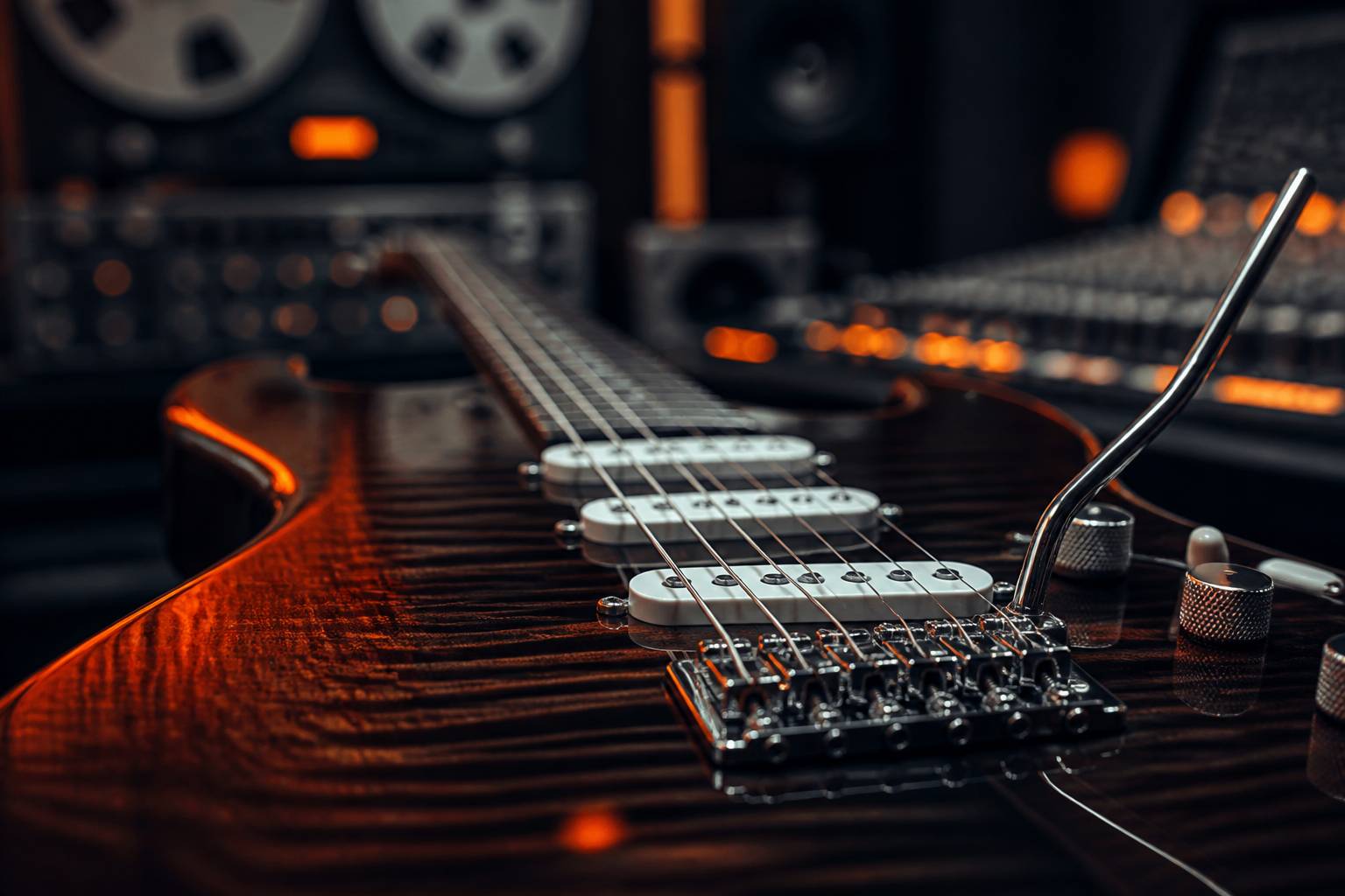 Chevalet et micros d'une guitare électrique en gros plan avec cordes brillantes