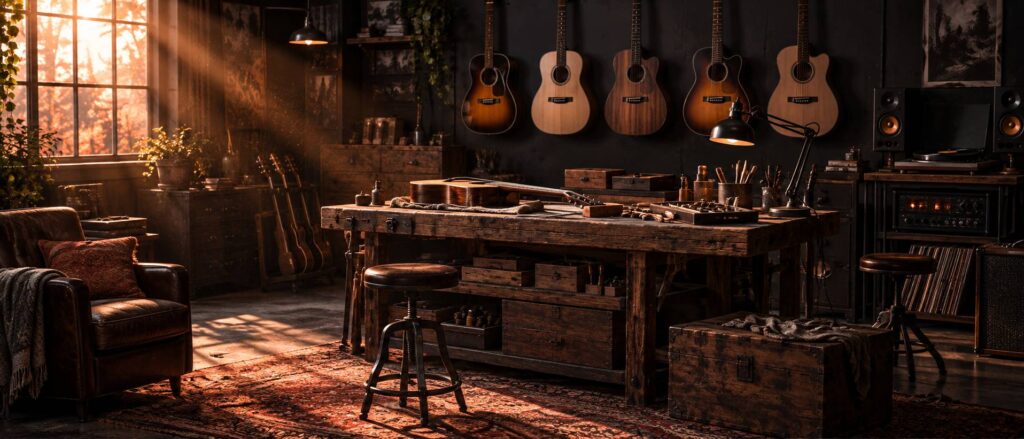 Atelier de lutherie avec guitares acoustiques suspendues et établi