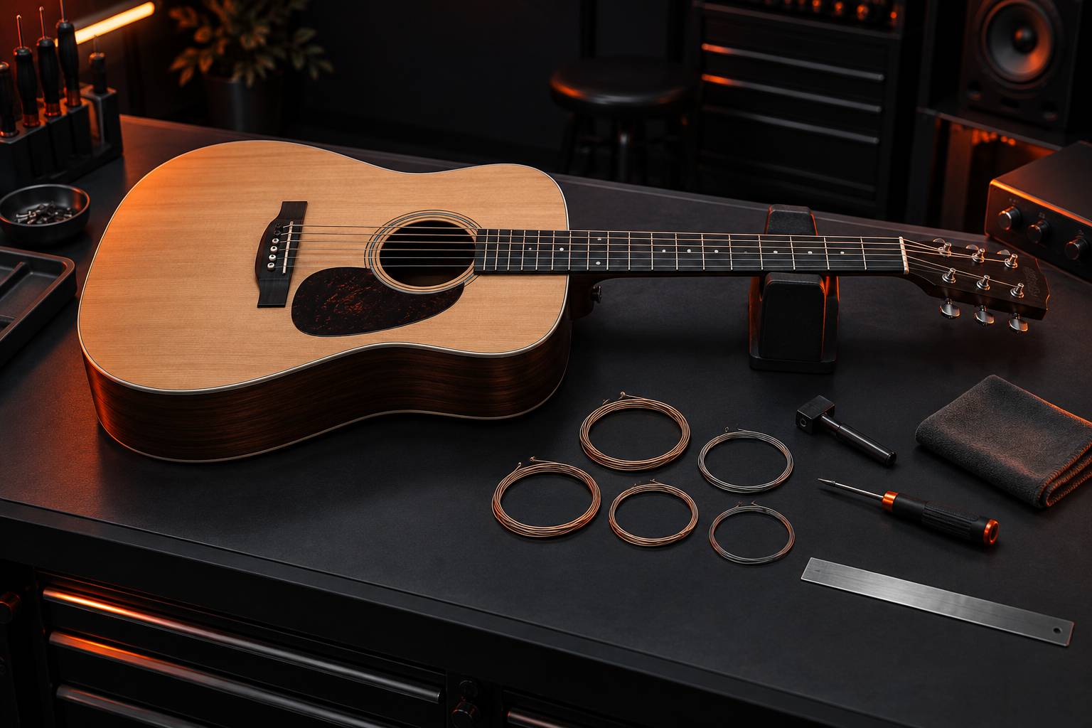Guitare acoustique posée sur un établi avec outils de réglage