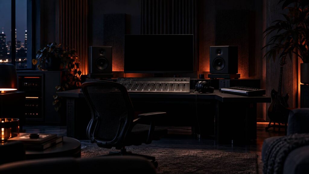 Home-studio sombre avec interface audio, moniteurs et clavier MIDI éclairé