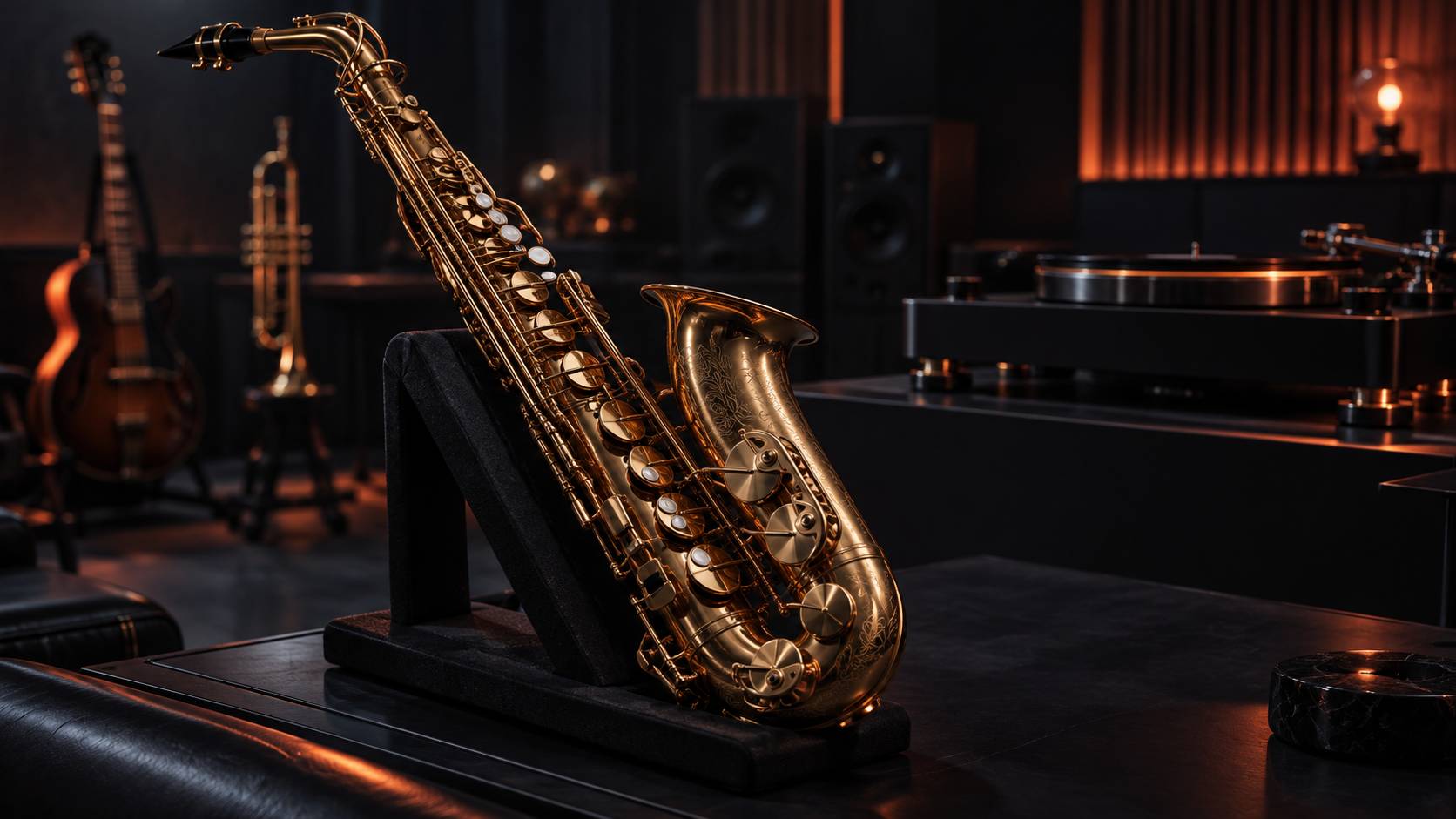 Saxophone alto doré posé sur un stand dans un studio de musique feutré