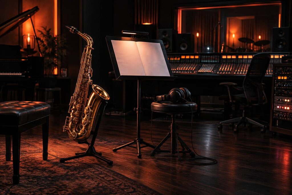 Saxophone alto doré posé sur un stand dans un studio de musique feutré