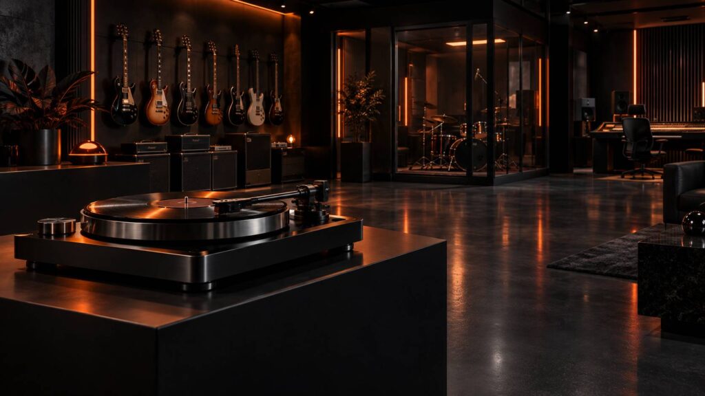 Guitares électriques suspendues et amplificateurs dans un magasin de musique sombre
