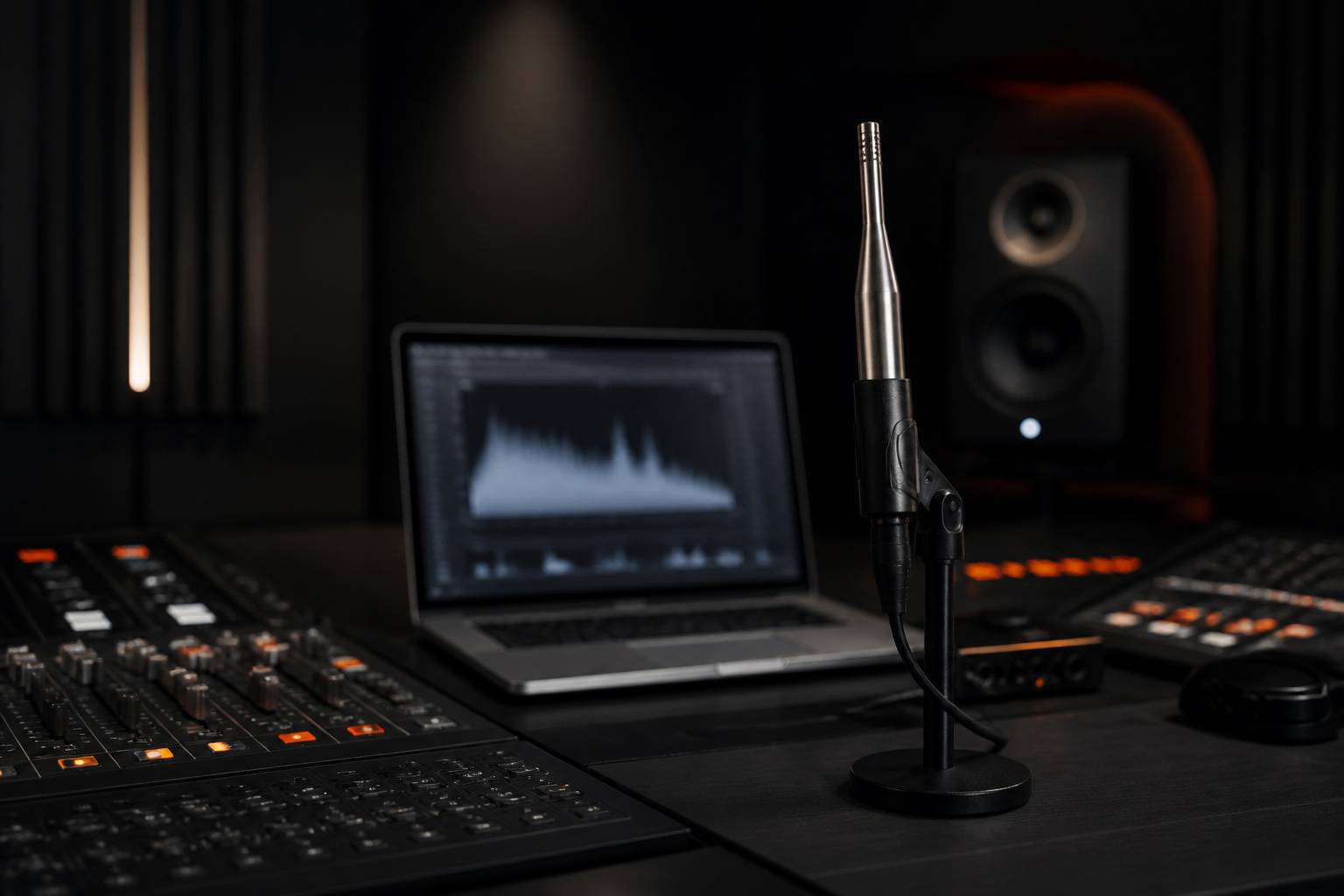 Microphone de mesure sur pied au point d'écoute d'un home studio