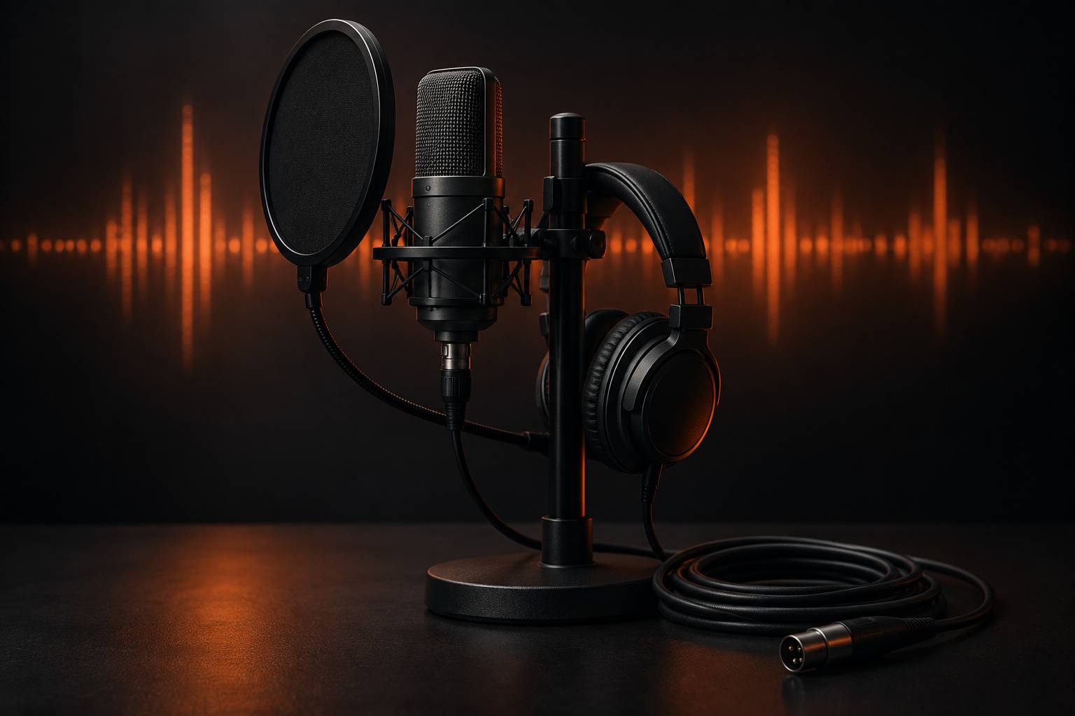 Micro à condensateur avec bonnette et casque sur pied dans un studio sombre