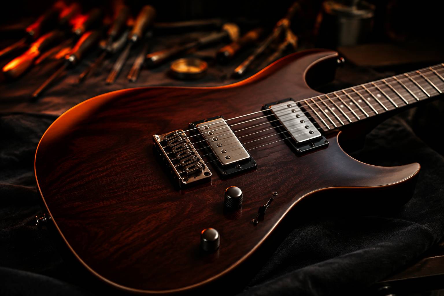 Corps en acajou et micros humbucker d'une guitare électrique double cutaway sur un établi sombre
