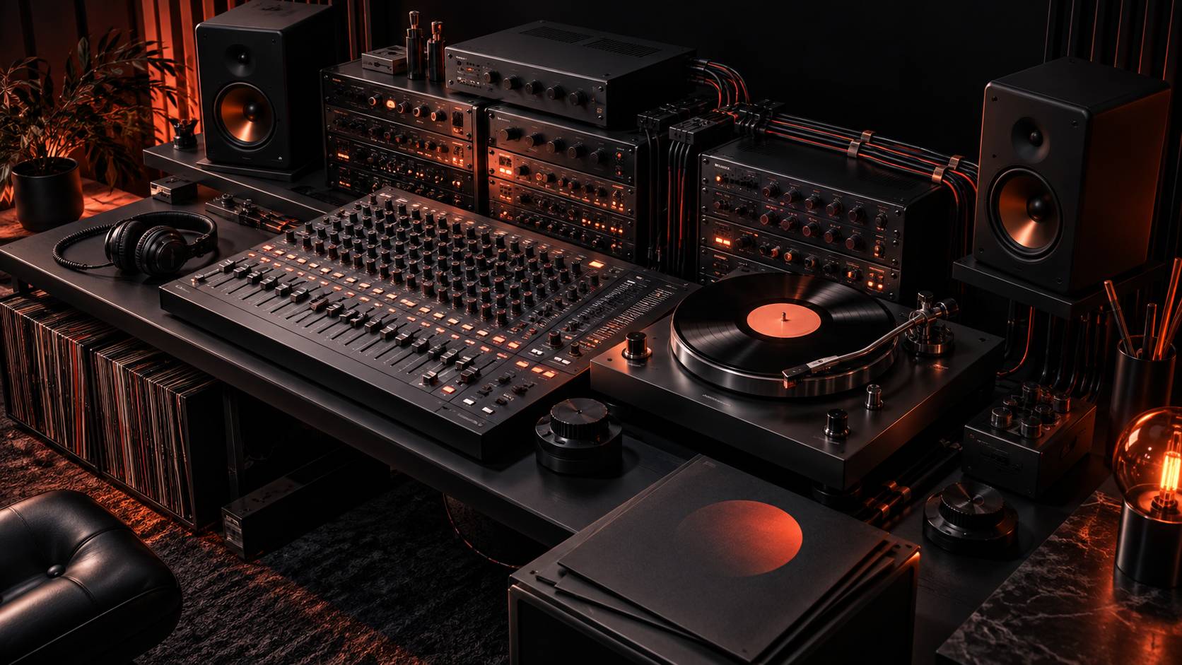 Rack audio avec modules empiles et cables guides