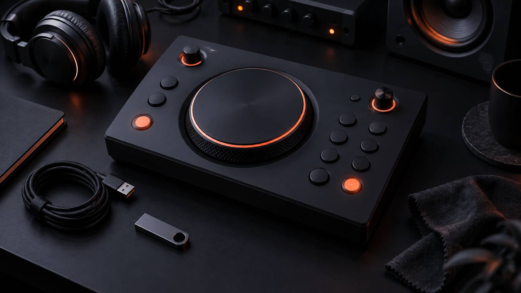 Disque de navigation et boutons mats d'un lecteur audio professionnel sur un plan de travail