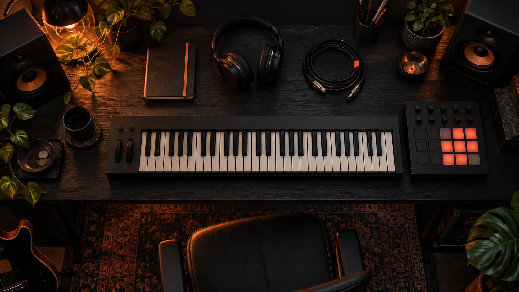 Clavier maitre et controleur sur un bureau de studio eclaire