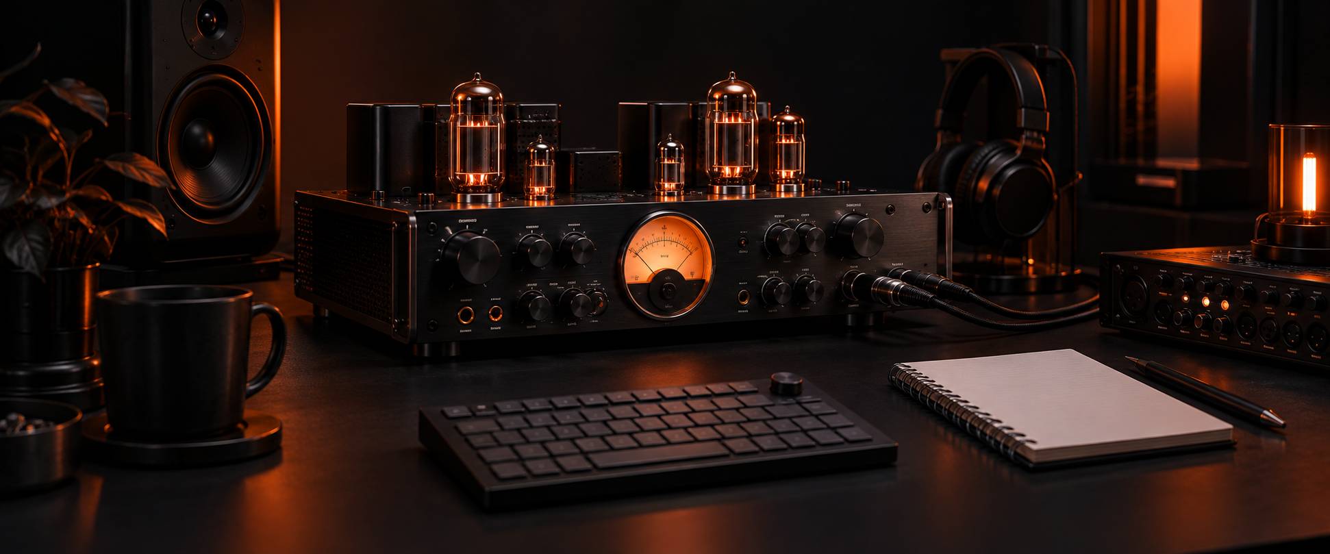 Préamplificateur audio analogique à potentiomètres installé dans une baie de studio sombre