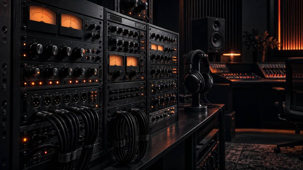 Préamplificateur audio analogique à potentiomètres installé dans une baie de studio sombre