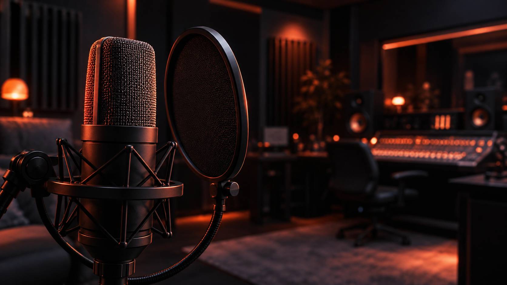 Microphone de studio équipé d'un filtre anti-pop monté sur perche
