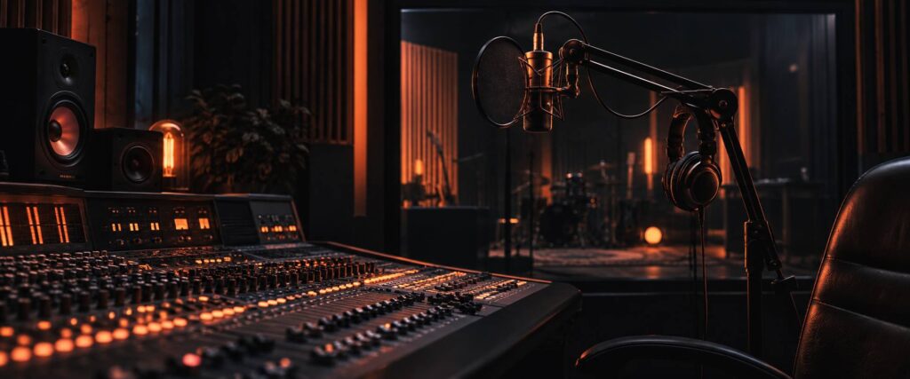 Microphone de studio équipé d'un filtre anti-pop monté sur perche