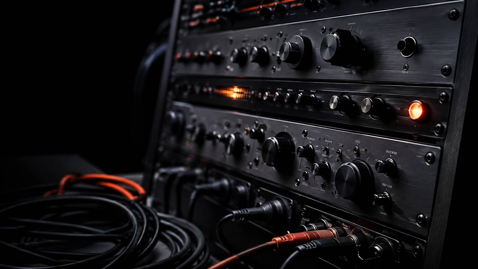 Rack d'effets audio professionnel avec potentiomètres métalliques et voyant orange allumé