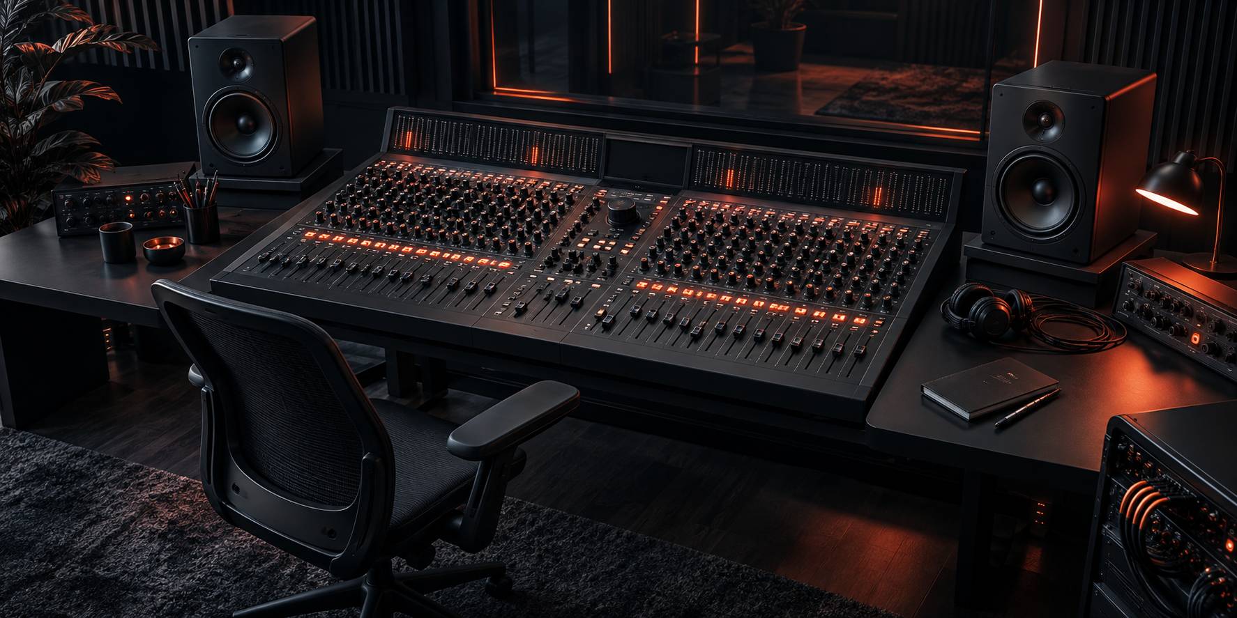 Console de mixage et enceintes dans une regie sonore